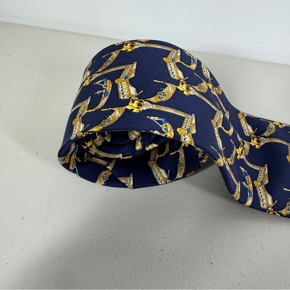 Trevisan Venezia Silk Elegant Navy and Gold Mens Tie Gondola Print Made in Italy - Picture 3 of 16